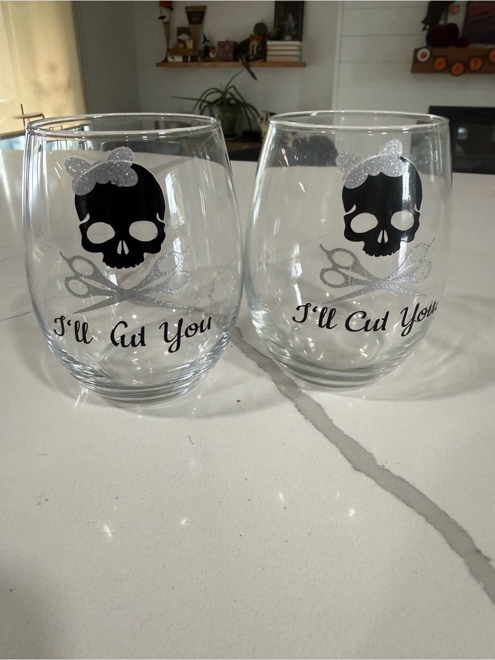 I'll Cut You Skull Stemless Wine Glasses - Black and Silver
